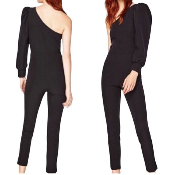 Zara Womens Black One Shoulder Jumpsuit with Puffy Sleeve Sz Small - Picture 1 of 7